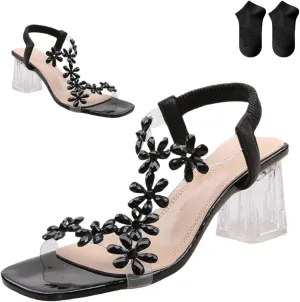 Women's Flower Rhinestone Block Heel Sandals,Fashion Elastic Ankle Strap Open Toe High Heels Shoes,Clear Floral Dress Shoes