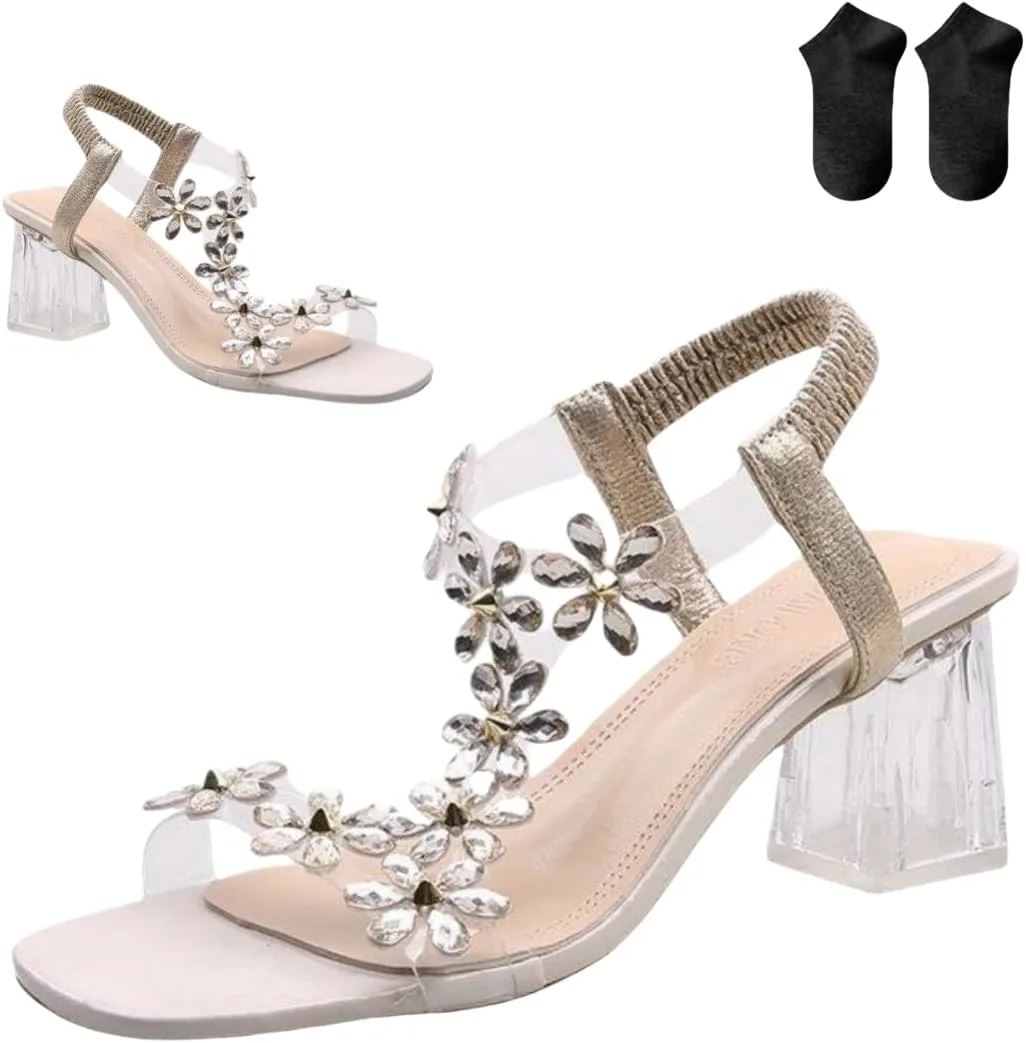 Women's Flower Rhinestone Block Heel Sandals,Fashion Elastic Ankle Strap Open Toe High Heels Shoes,Clear Floral Dress Shoes