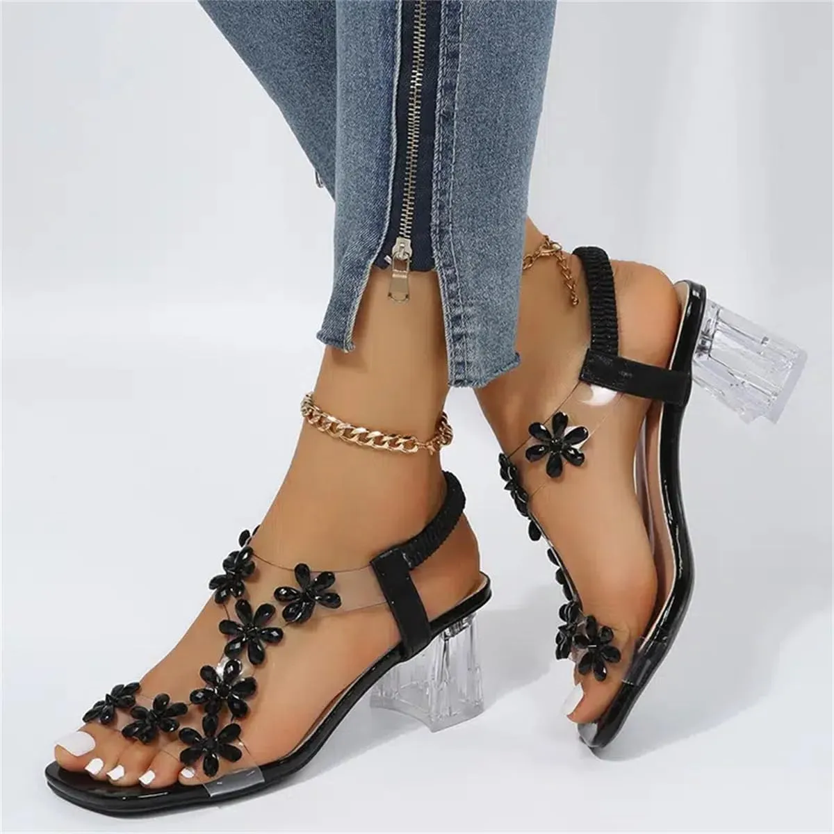 Women's Flower Rhinestone Block Heel Sandals,Fashion Elastic Ankle Strap Open Toe High Heels Shoes,Clear Floral Dress Shoes