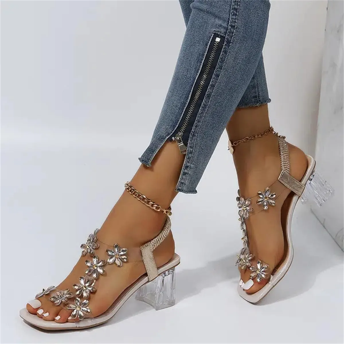 Women's Flower Rhinestone Block Heel Sandals,Fashion Elastic Ankle Strap Open Toe High Heels Shoes,Clear Floral Dress Shoes