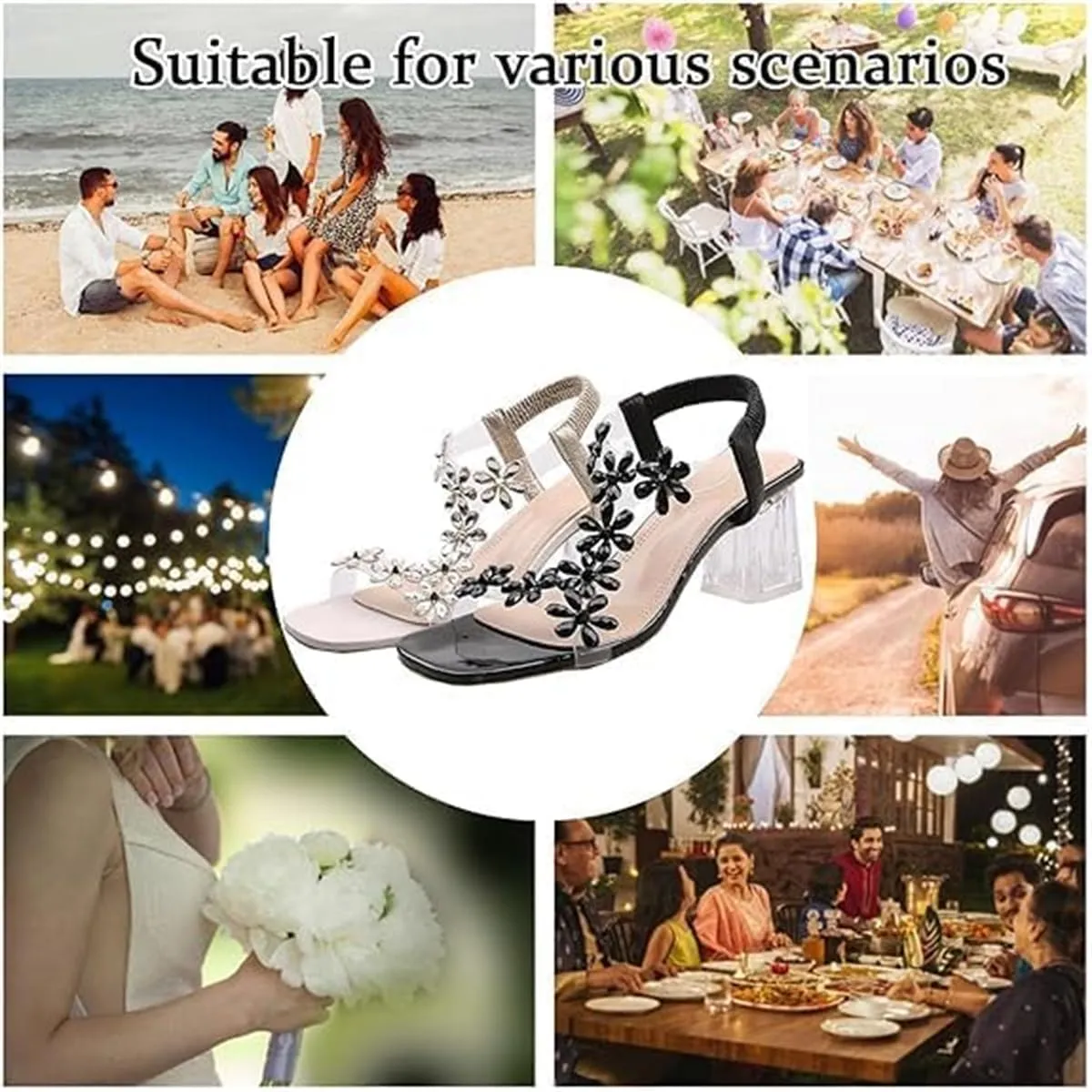 Women's Flower Rhinestone Block Heel Sandals,Fashion Elastic Ankle Strap Open Toe High Heels Shoes,Clear Floral Dress Shoes