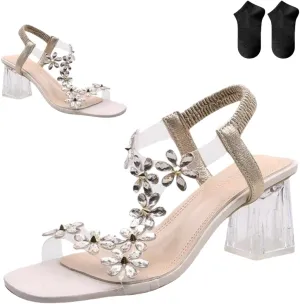 Women's Flower Rhinestone Block Heel Sandals,Fashion Elastic Ankle Strap Open Toe High Heels Shoes,Clear Floral Dress Shoes