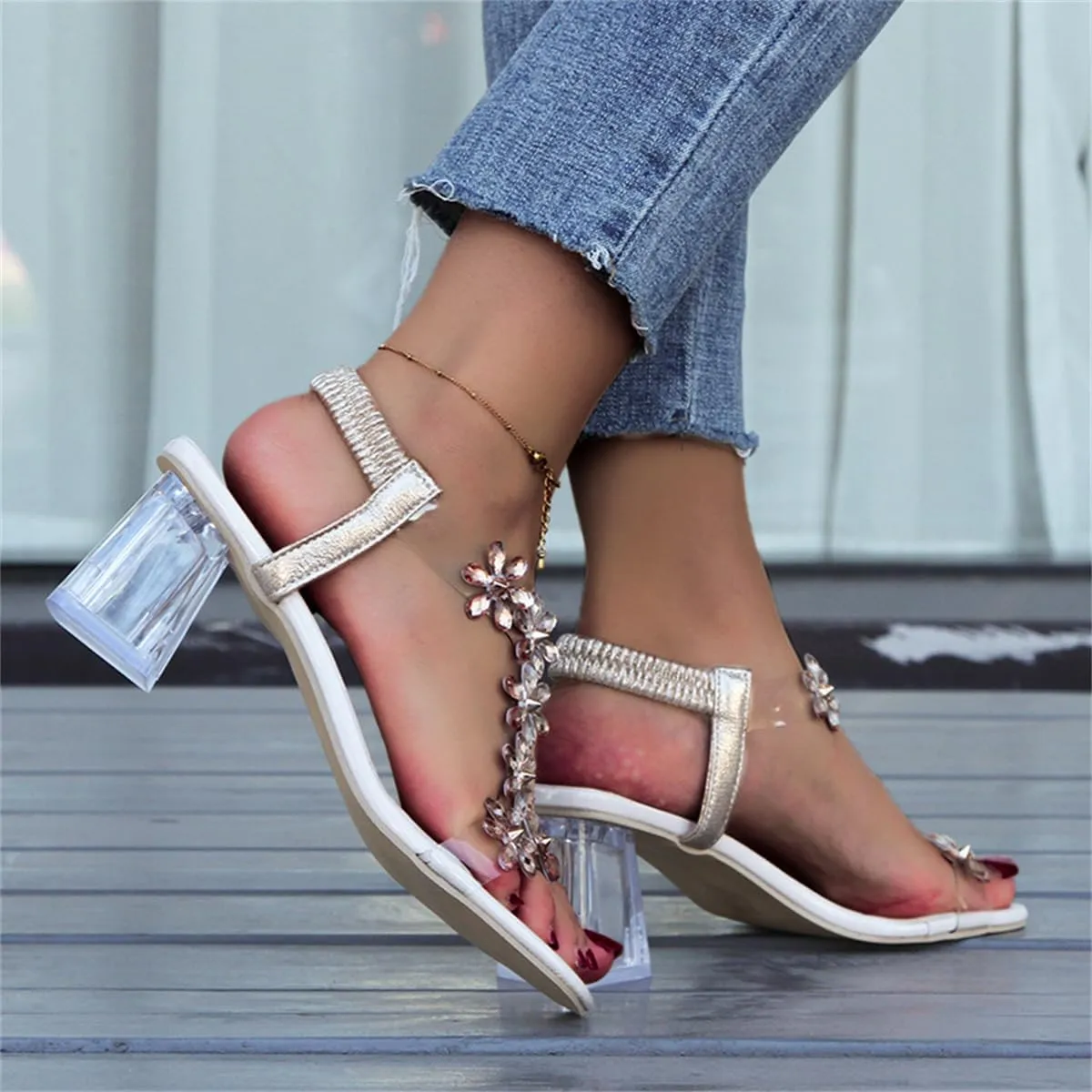 Women's Flower Rhinestone Block Heel Sandals,Fashion Elastic Ankle Strap Open Toe High Heels Shoes,Clear Floral Dress Shoes
