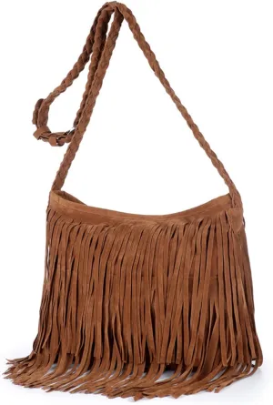 Women's Frosted Suede Tassel Shoulder Bag Fashion Retro Fringe Messenger Bag for Party Travel Dating