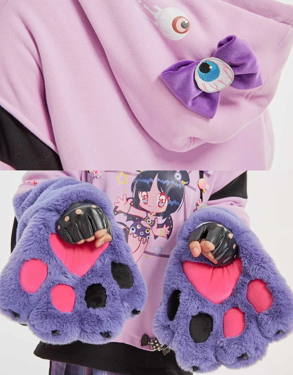 Womens Pullover Hoodie with Detachable Bag Design Furry Cat Paw Gloves Harajuku Purple Eyeball Patterns