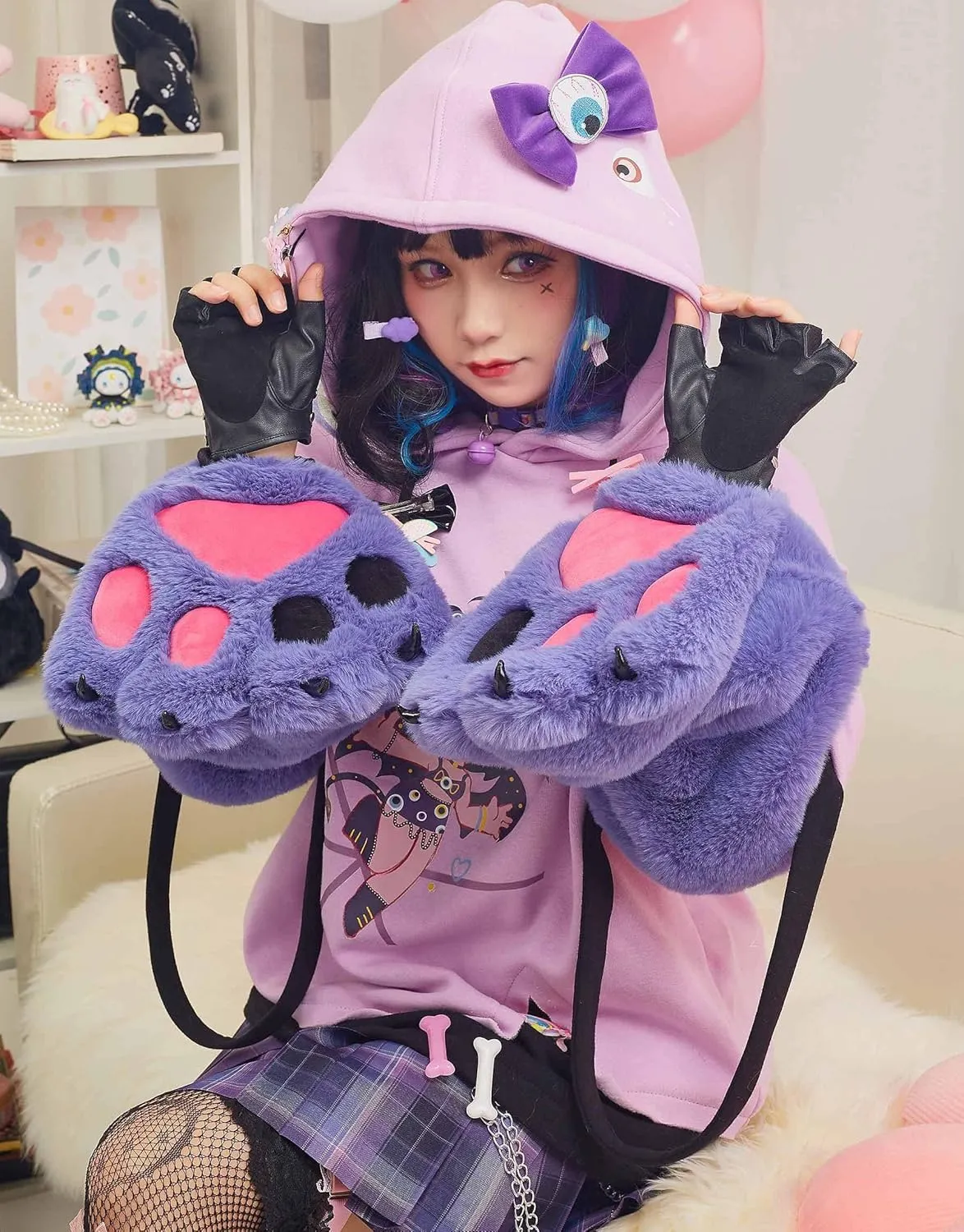 Womens Pullover Hoodie with Detachable Bag Design Furry Cat Paw Gloves Harajuku Purple Eyeball Patterns