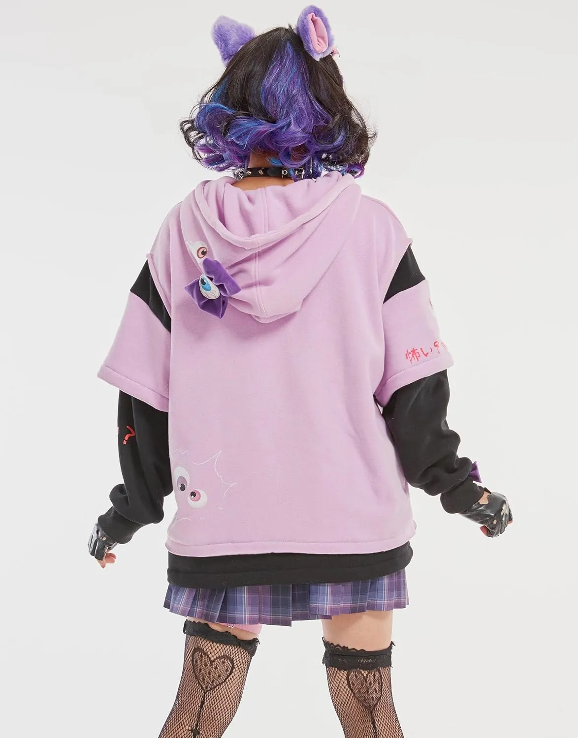 Womens Pullover Hoodie with Detachable Bag Design Furry Cat Paw Gloves Harajuku Purple Eyeball Patterns
