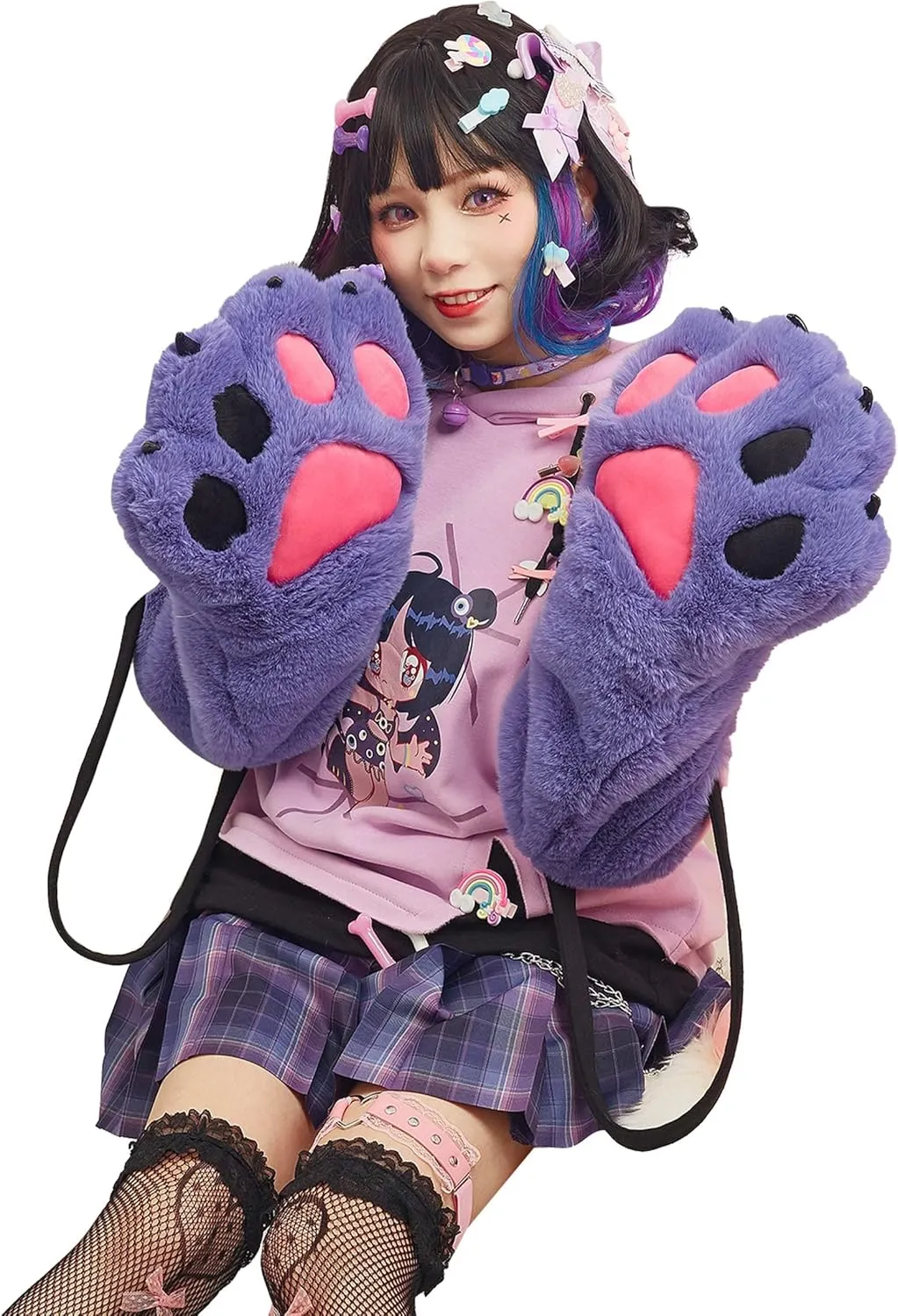 Womens Pullover Hoodie with Detachable Bag Design Furry Cat Paw Gloves Harajuku Purple Eyeball Patterns