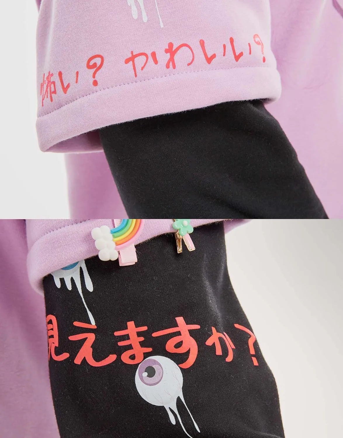 Womens Pullover Hoodie with Detachable Bag Design Furry Cat Paw Gloves Harajuku Purple Eyeball Patterns