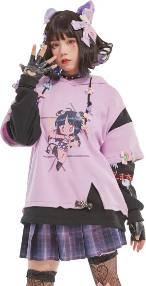 Womens Pullover Hoodie with Detachable Bag Design Furry Cat Paw Gloves Harajuku Purple Eyeball Patterns