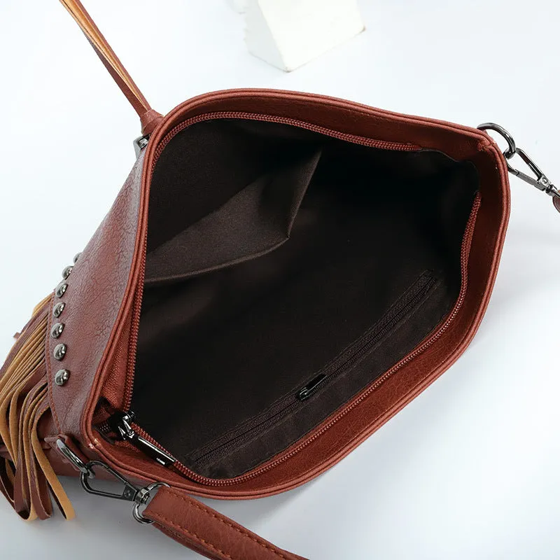 Women's Rivet Soft Leather Fashionable Tassel Big Crossbody Bags
