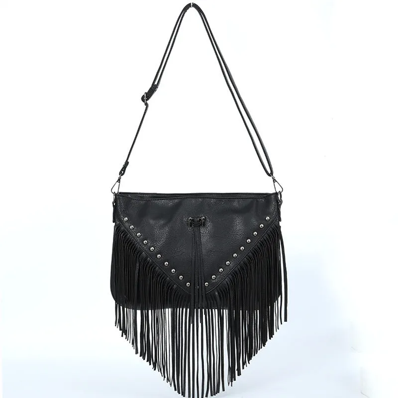 Women's Rivet Soft Leather Fashionable Tassel Big Crossbody Bags