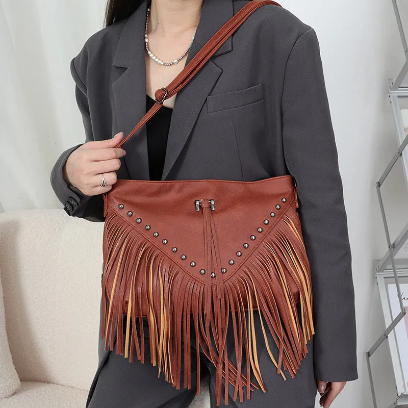 Women's Rivet Soft Leather Fashionable Tassel Big Crossbody Bags