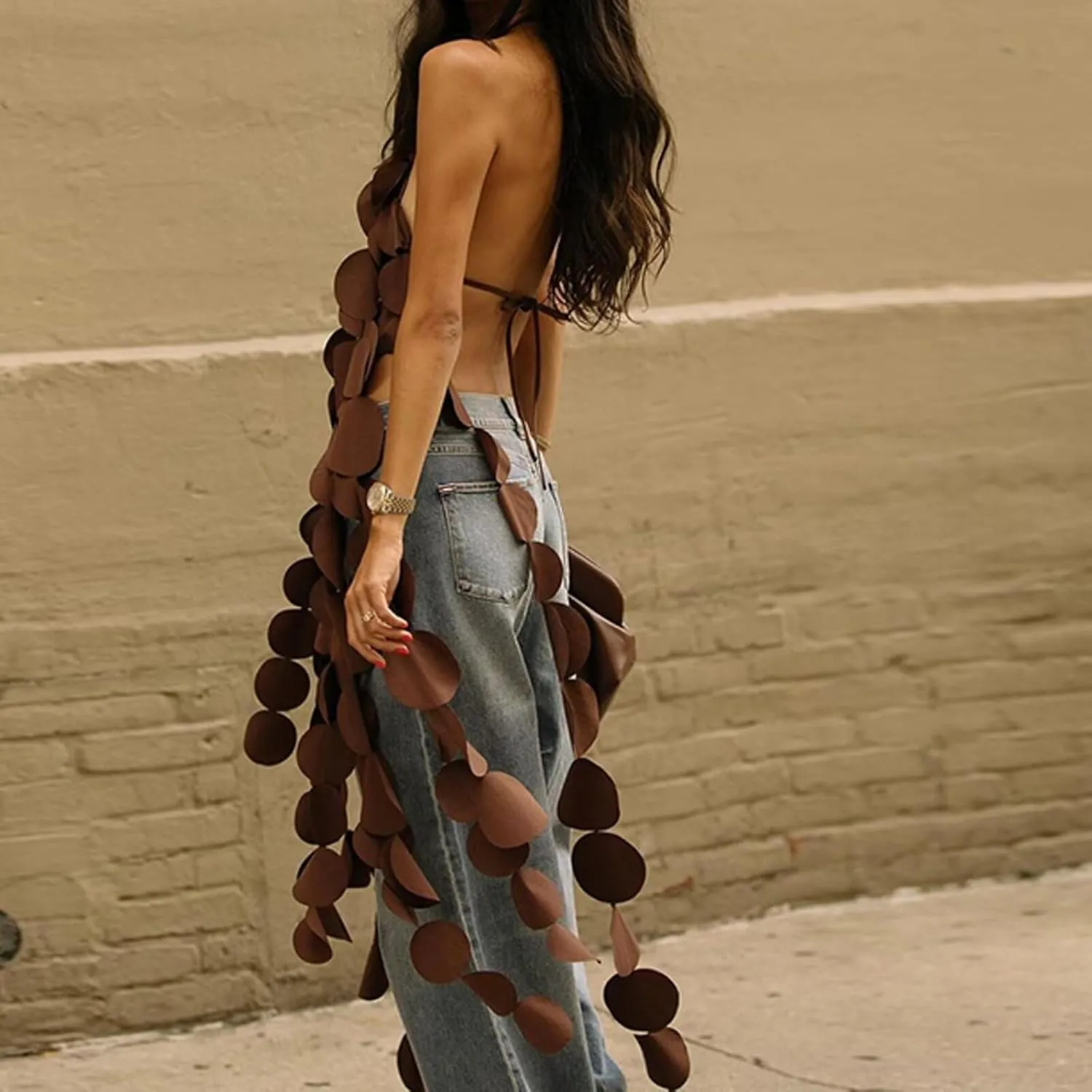 Womens Sexy Sleeveless Multi Circle Lace Up Tassel Top Dress Patchwork Circular Cutouts Backless Top