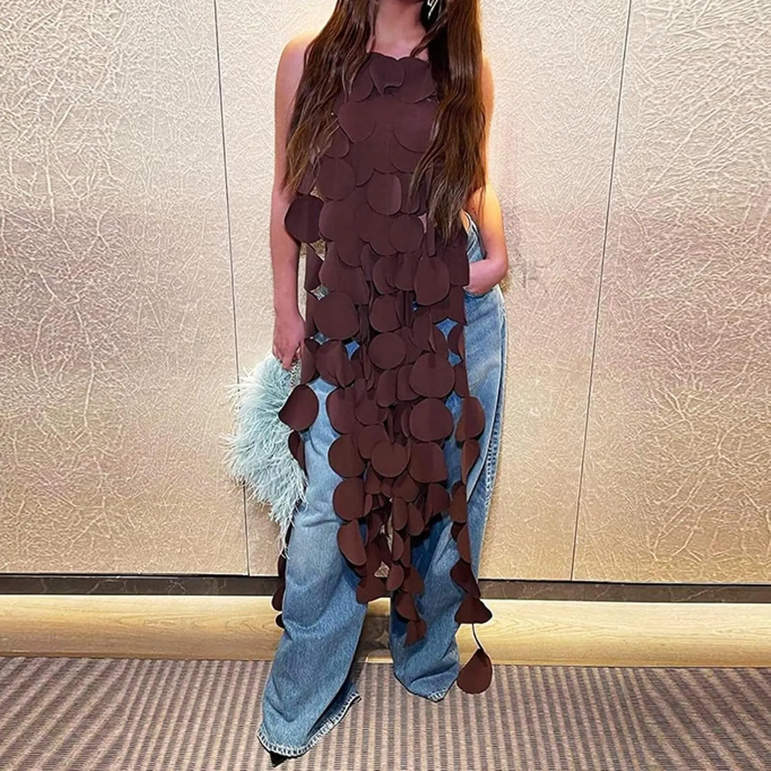 Womens Sexy Sleeveless Multi Circle Lace Up Tassel Top Dress Patchwork Circular Cutouts Backless Top