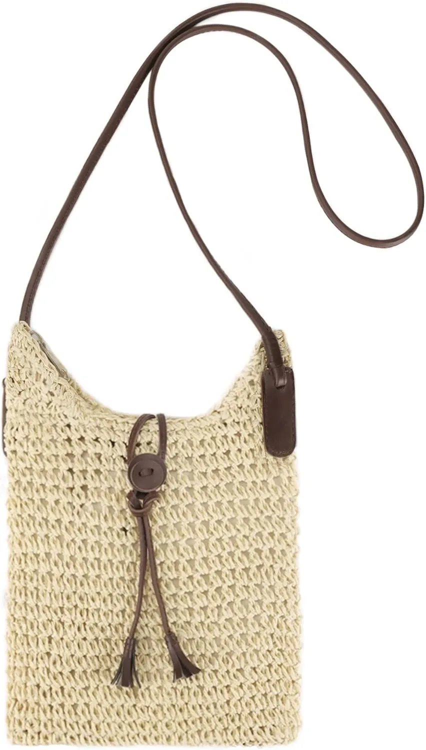 Womens Small Straw Crossbody Bag Handwoven Beach Shoulder Bag Handbag Purse with Tassel for Summer