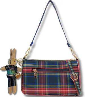 Womens Tartan Check Plaid Pattern Small Crossbody Phone Clutch Purse Rabbit Key Ring, 90's UK Punk Gold Zipper Handbag