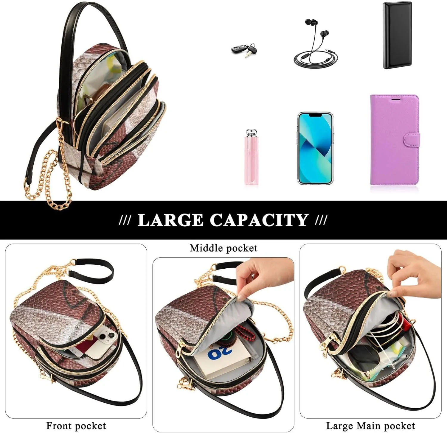 Women's Wave Cross Body Chest Bag, 52 inch Gold Chain Shoulder Handbag Purse