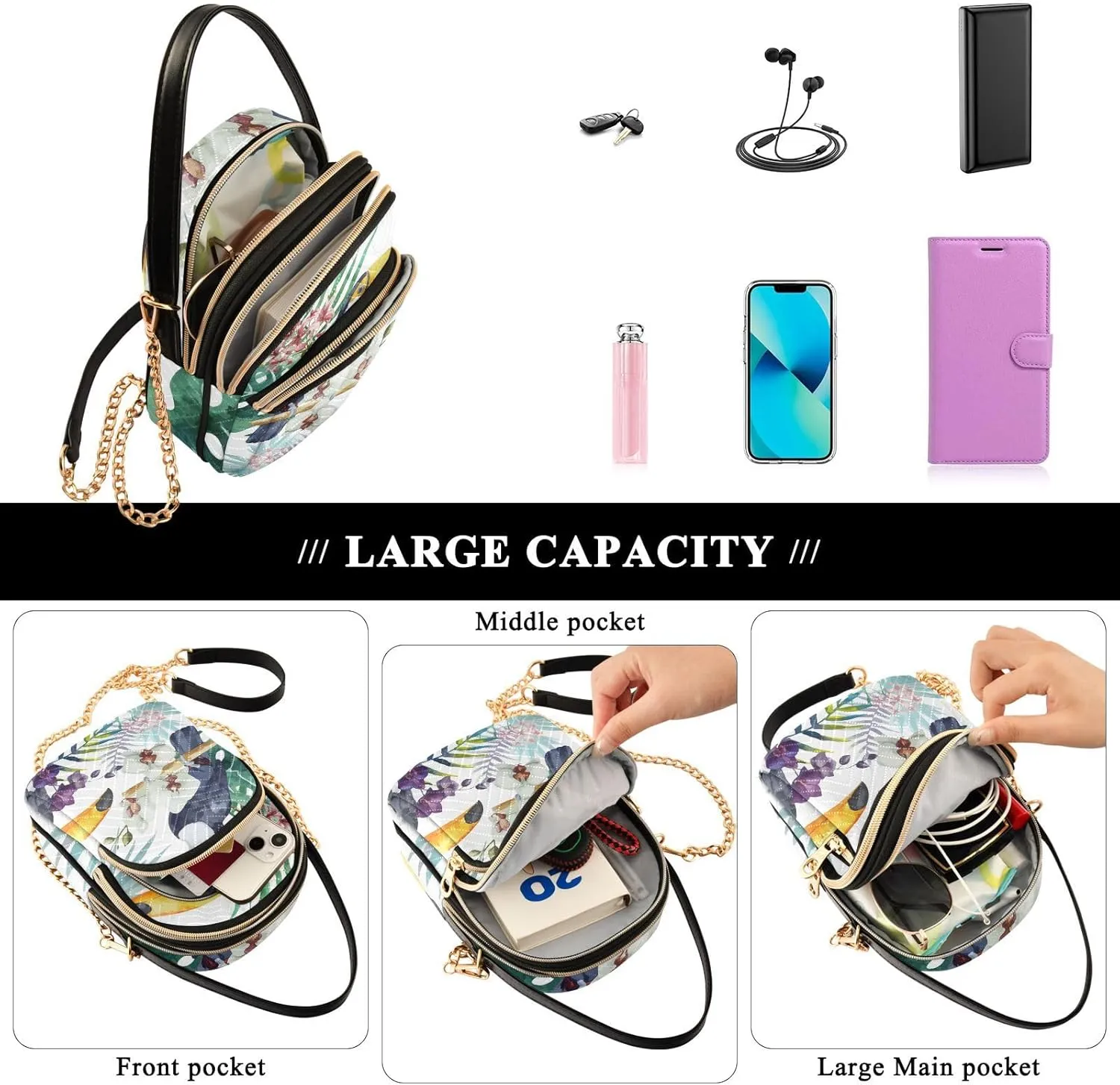 Women's Wave Cross Body Chest Bag, 52 inch Gold Chain Shoulder Handbag Purse
