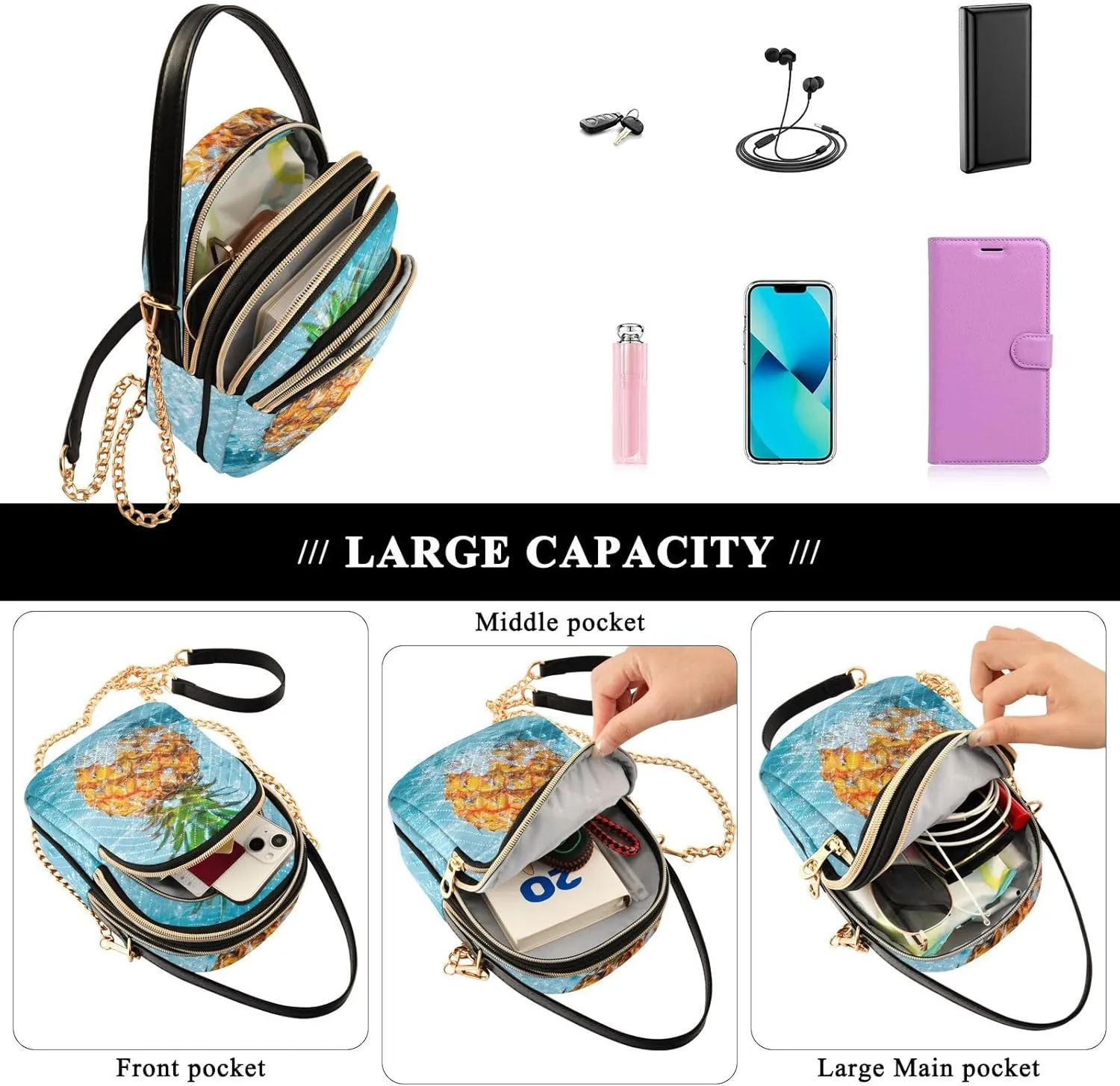 Women's Wave Cross Body Chest Bag, 52 inch Gold Chain Shoulder Handbag Purse