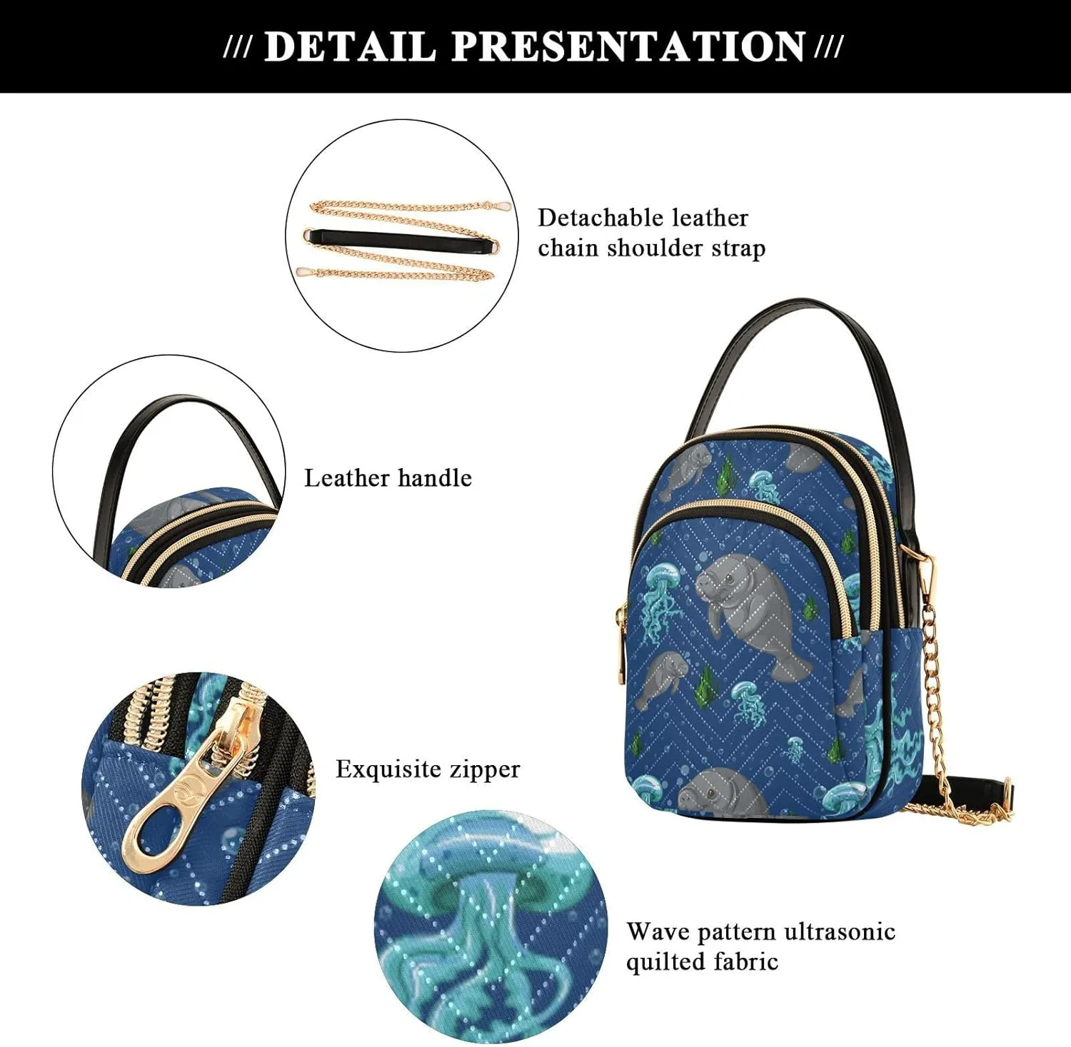 Women's Wave Cross Body Chest Bag, 52 inch Gold Chain Shoulder Handbag Purse