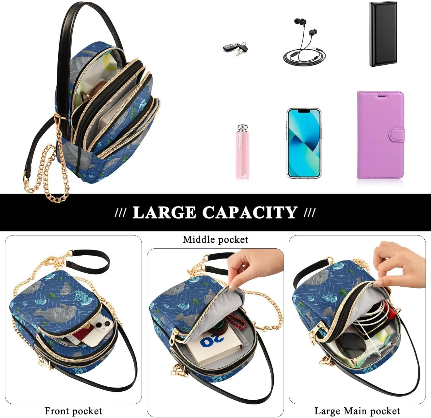Women's Wave Cross Body Chest Bag, 52 inch Gold Chain Shoulder Handbag Purse