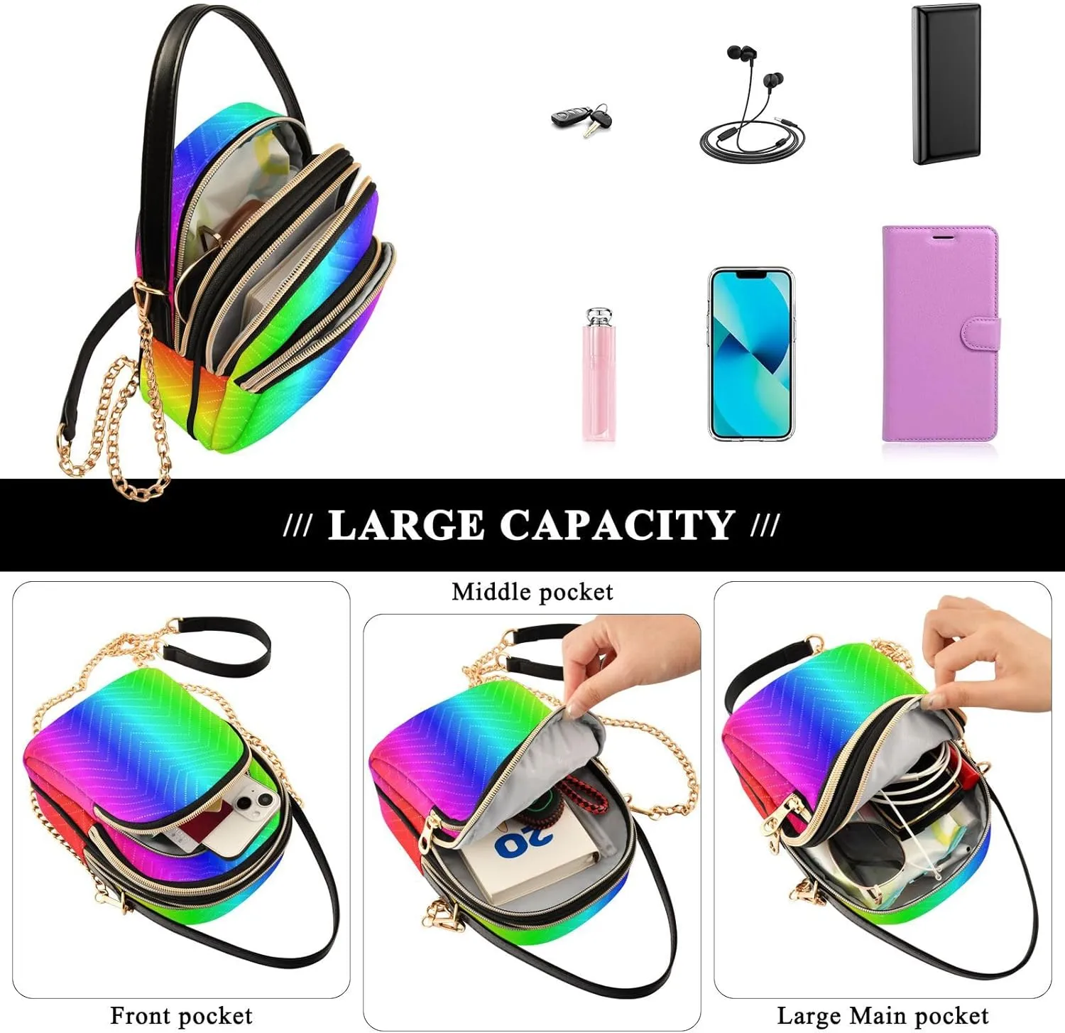 Women's Wave Cross Body Chest Bag, 52 inch Gold Chain Shoulder Handbag Purse