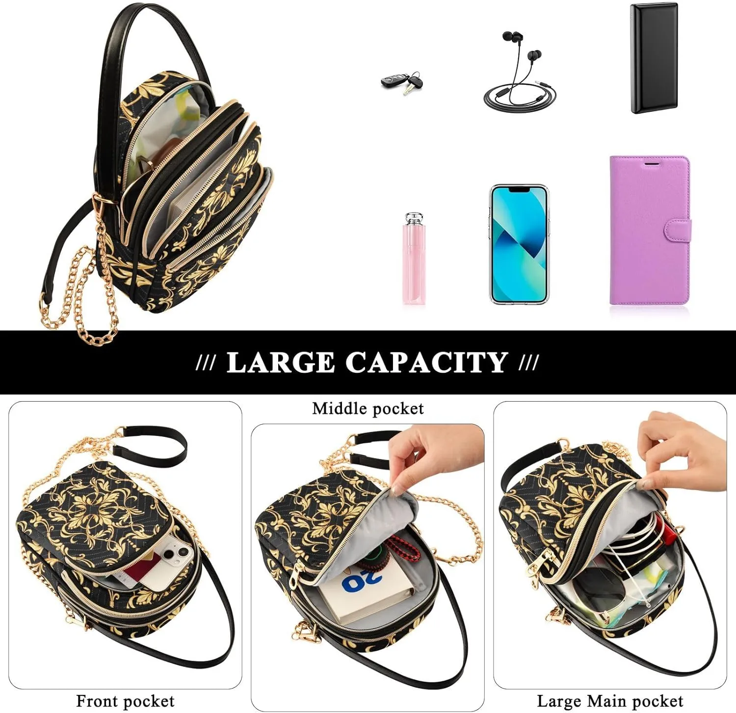 Women's Wave Cross Body Chest Bag, 52 inch Gold Chain Shoulder Handbag Purse