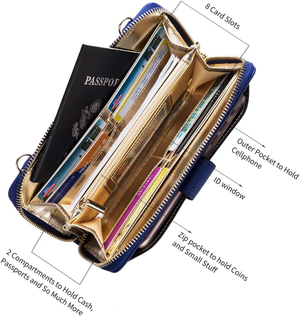 Womens Wristlet Wallet Crossbody Bag Cellphone Purse Handbag RFID Card Slots 2 Strap Wrist