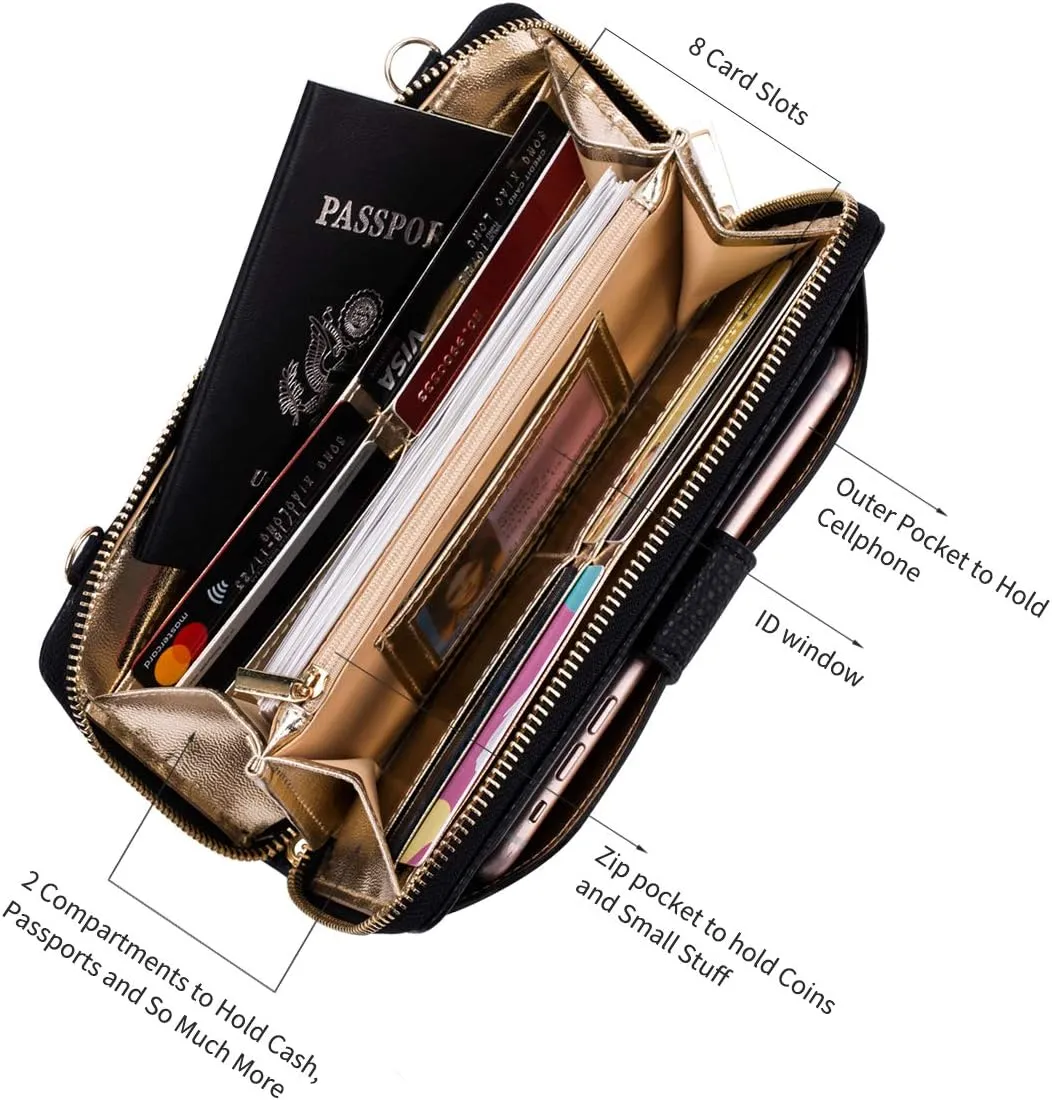 Womens Wristlet Wallet Crossbody Bag Cellphone Purse Handbag RFID Card Slots 2 Strap Wrist