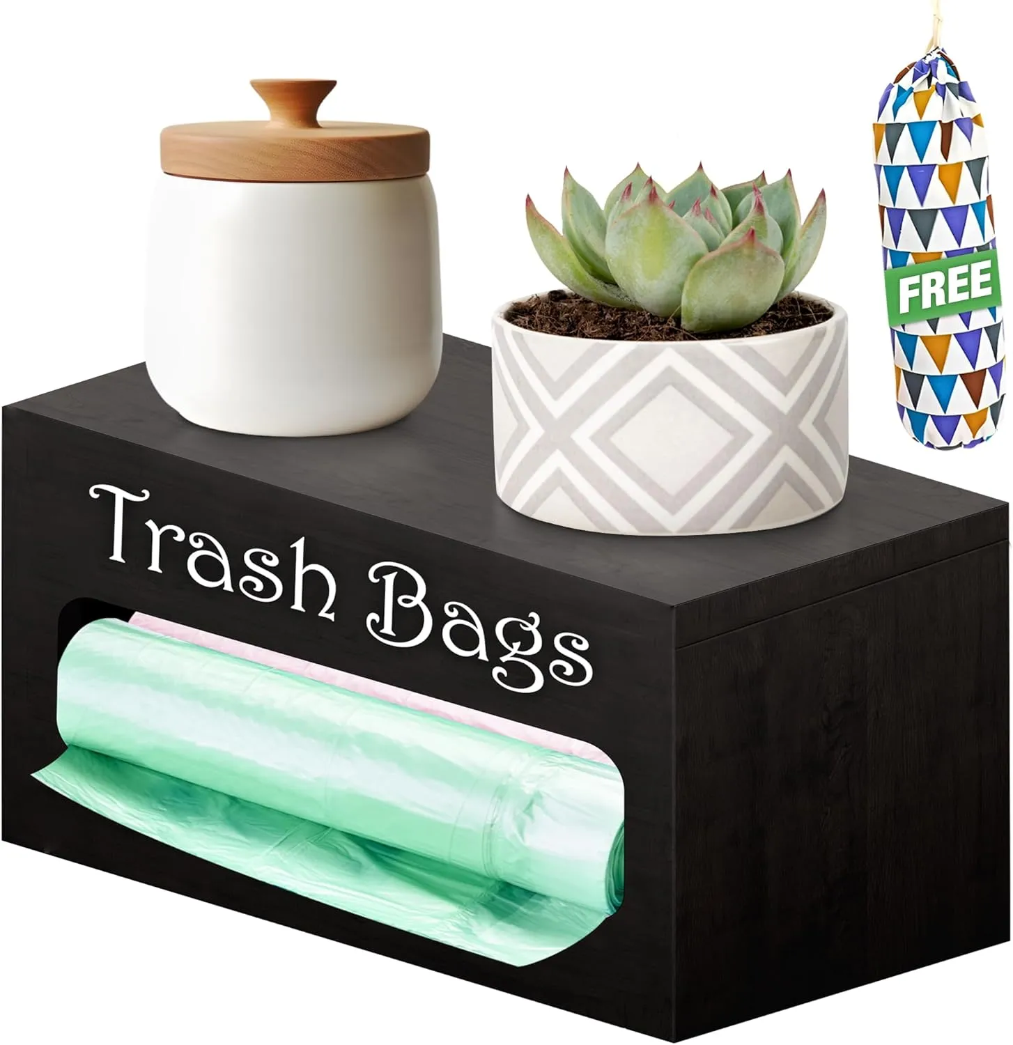 Wooden Garbage Dispenser & Trash Can Liner Holder, Farmhouse Kitchen Decor, Bundled with Washable Grocery Bag