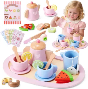 Wooden Tea Party Set, Tea Set for Little Girls 1-3 Toddler Tea Sets for Girls 2-4 with Wooden Toys Food Pretend Play Tea Party Wooden Kitchen Toys Playset Christmas Birthday Gift