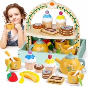 Wooden Tea Set for Toddlers Girls, Tea Party Set with Storage Cupcake Stand Extra Cutting Fruit Kids Tea Set for 3 4 5 6 Years Little Girls, Jeowoqao Portable Princess Tea Party Toys Gifts