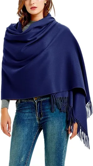 Wool Shawl Large Thick Travel Scarf Winter Wraps for Women(Navy)