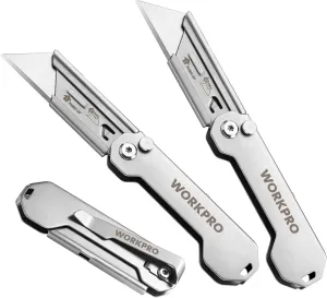 WORKPRO 3-Pack Folding Utility Knife, Quick Change Blades Box Cutter, EDC Foldable Pocket Utility Knife Sets with Belt Clip