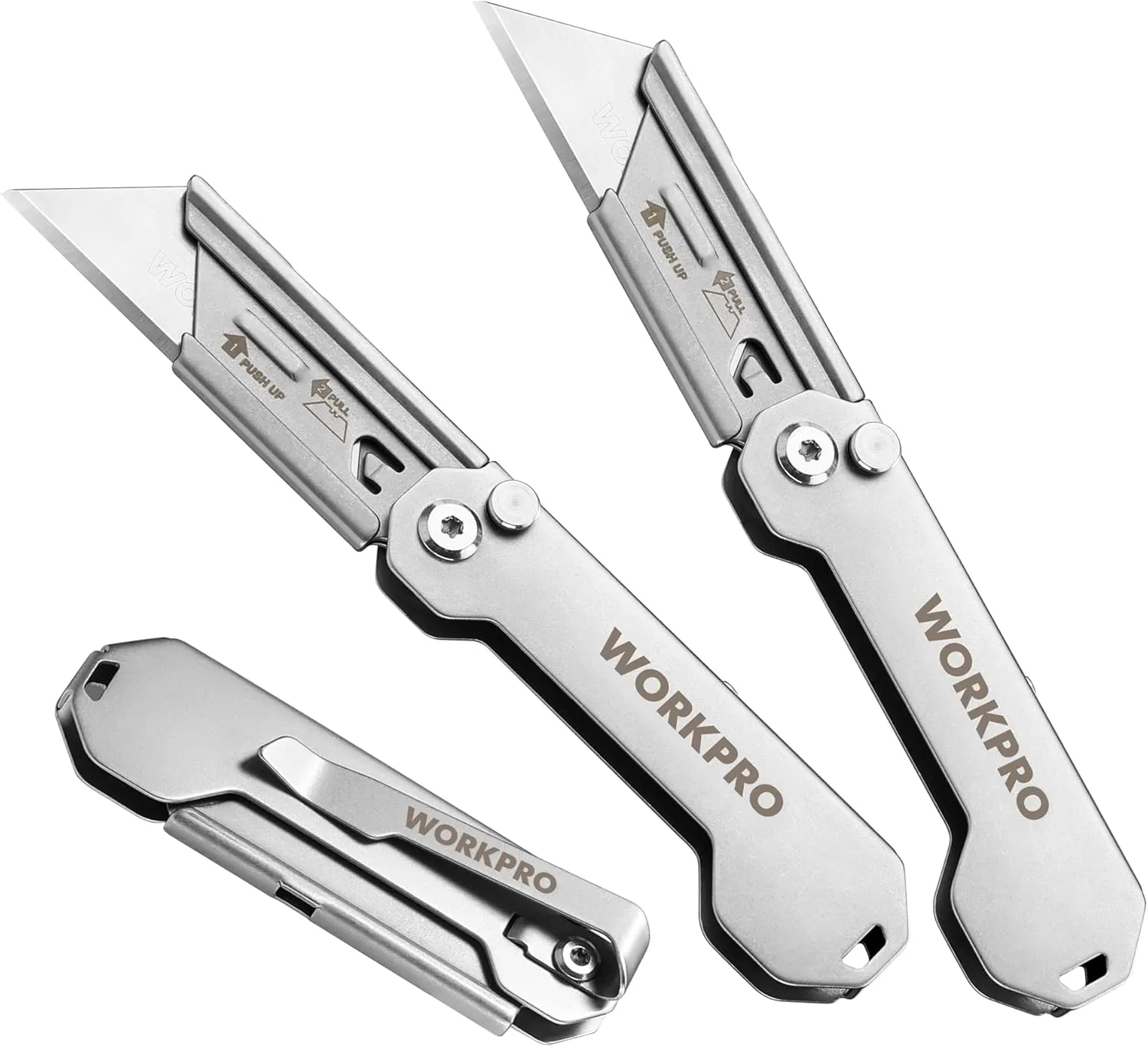 WORKPRO 3-Pack Folding Utility Knife, Quick Change Blades Box Cutter, EDC Foldable Pocket Utility Knife Sets with Belt Clip