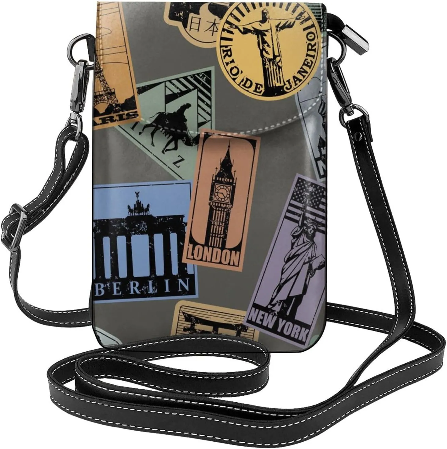 Worlds Landmarks Travel Labels Pattern Women Leather Crossbody Bag Small Cell Phone Purse Card Holder Wallet