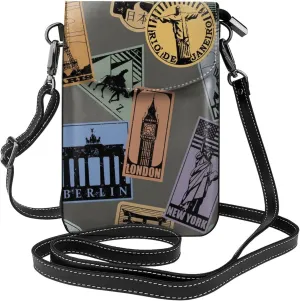 Worlds Landmarks Travel Labels Pattern Women Leather Crossbody Bag Small Cell Phone Purse Card Holder Wallet
