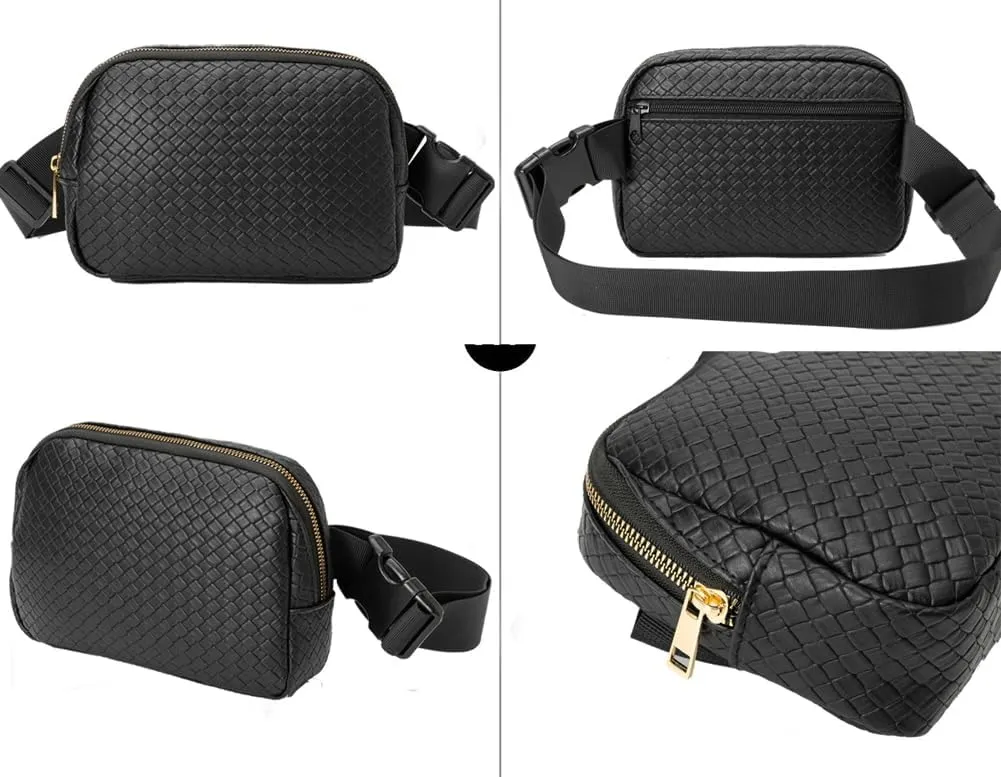 Woven Fanny Pack for Women Belt Bag with Zipper Crossbody Bags Waist Bag Sling Bag Handbag for Travel Running Hiking, Black