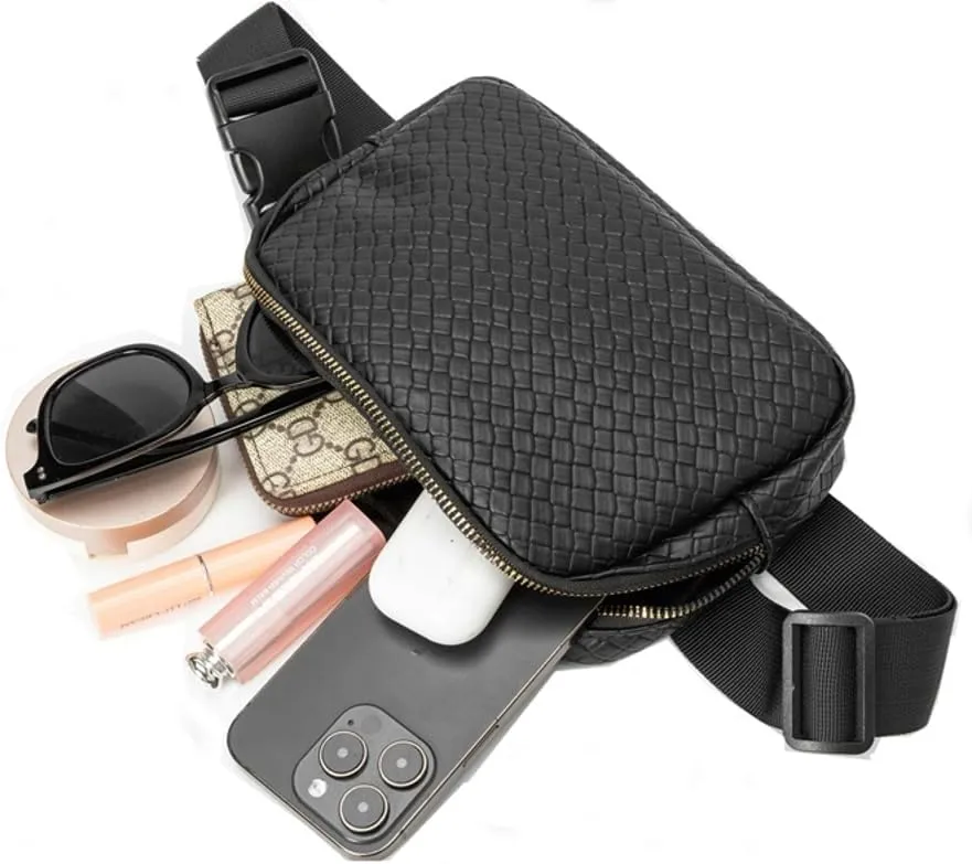 Woven Fanny Pack for Women Belt Bag with Zipper Crossbody Bags Waist Bag Sling Bag Handbag for Travel Running Hiking, Black