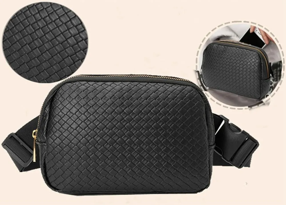 Woven Fanny Pack for Women Belt Bag with Zipper Crossbody Bags Waist Bag Sling Bag Handbag for Travel Running Hiking, Black