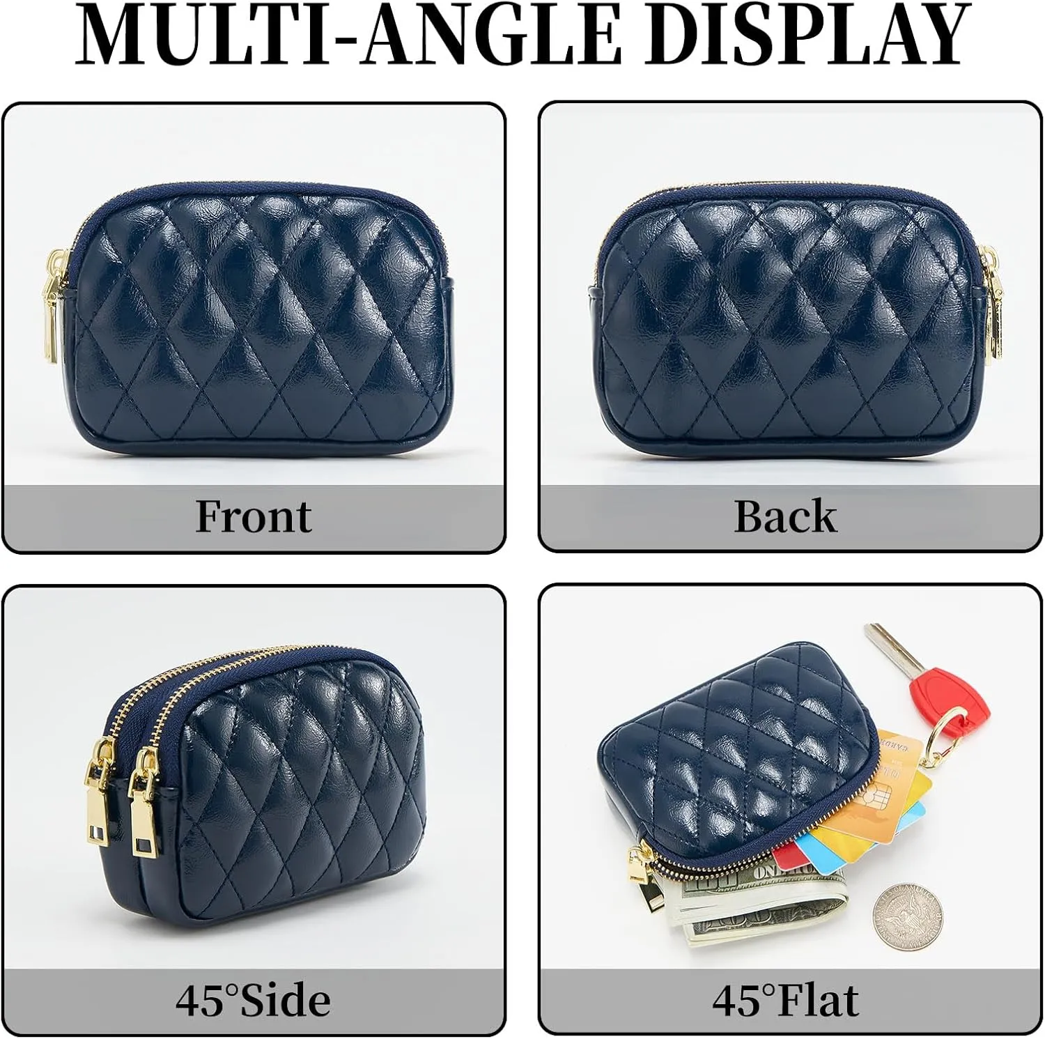 WOZEAH Leather Coin Purse for Women Small 2 Zipper Change Wallet with Key Ring Card Key Coin Cash Holder Pouch(Quilted Blue)