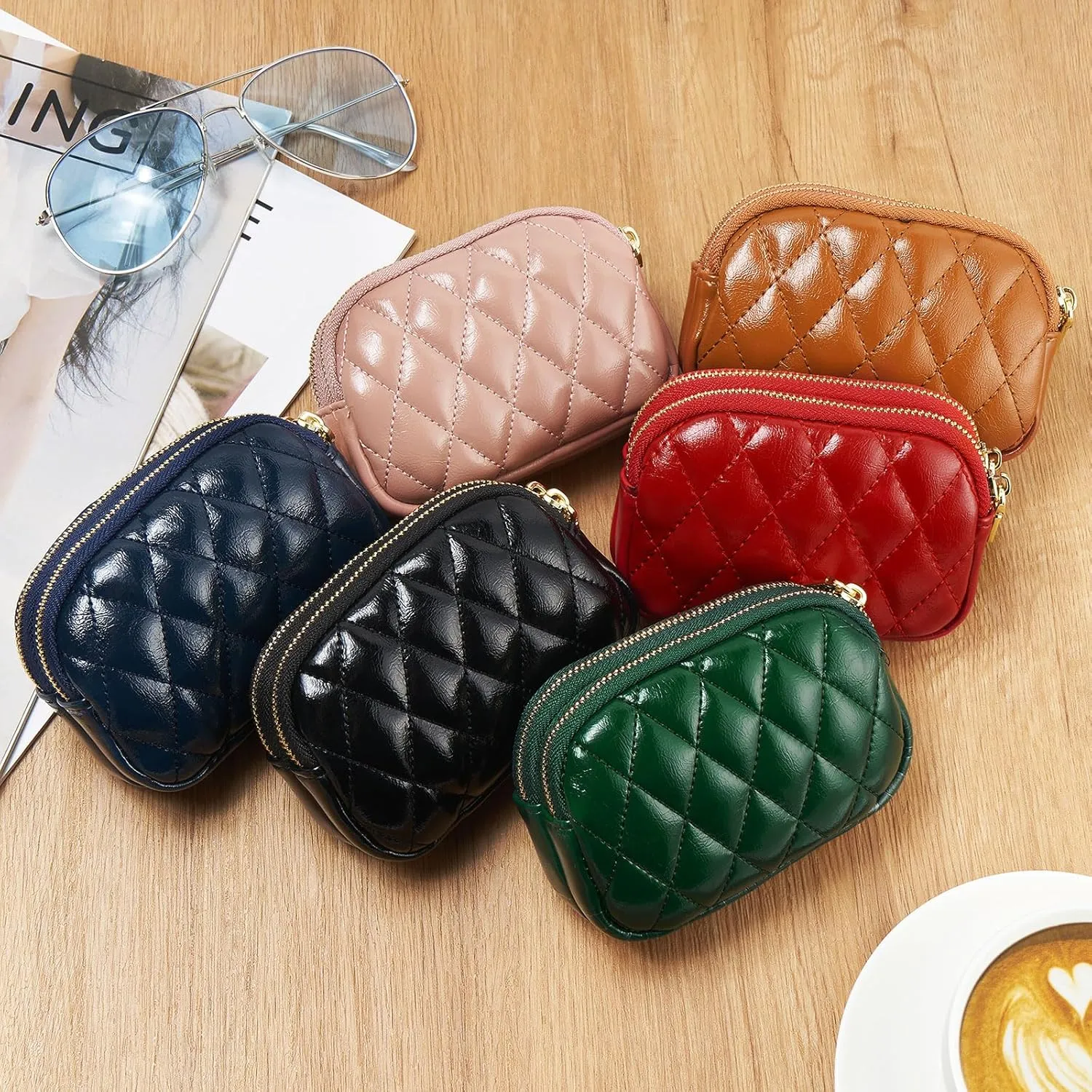 WOZEAH Leather Coin Purse for Women Small 2 Zipper Change Wallet with Key Ring Card Key Coin Cash Holder Pouch(Quilted Blue)