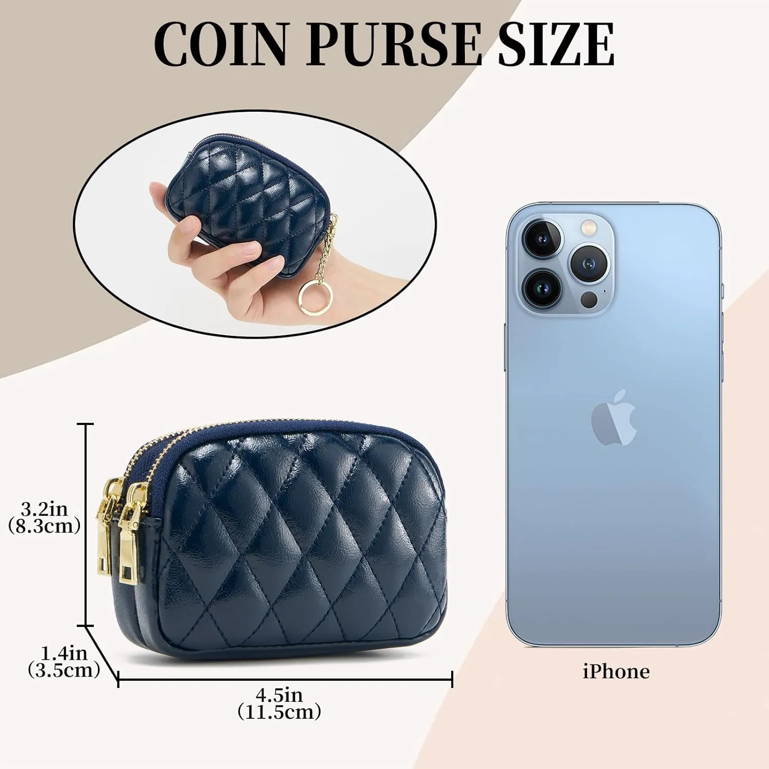 WOZEAH Leather Coin Purse for Women Small 2 Zipper Change Wallet with Key Ring Card Key Coin Cash Holder Pouch(Quilted Blue)