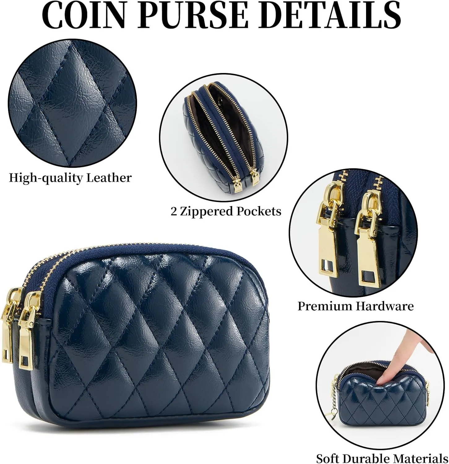 WOZEAH Leather Coin Purse for Women Small 2 Zipper Change Wallet with Key Ring Card Key Coin Cash Holder Pouch(Quilted Blue)