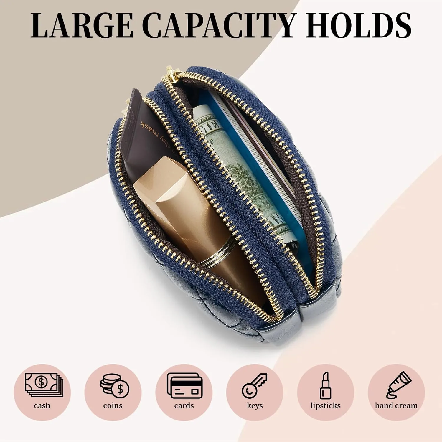 WOZEAH Leather Coin Purse for Women Small 2 Zipper Change Wallet with Key Ring Card Key Coin Cash Holder Pouch(Quilted Blue)