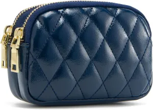 WOZEAH Leather Coin Purse for Women Small 2 Zipper Change Wallet with Key Ring Card Key Coin Cash Holder Pouch(Quilted Blue)