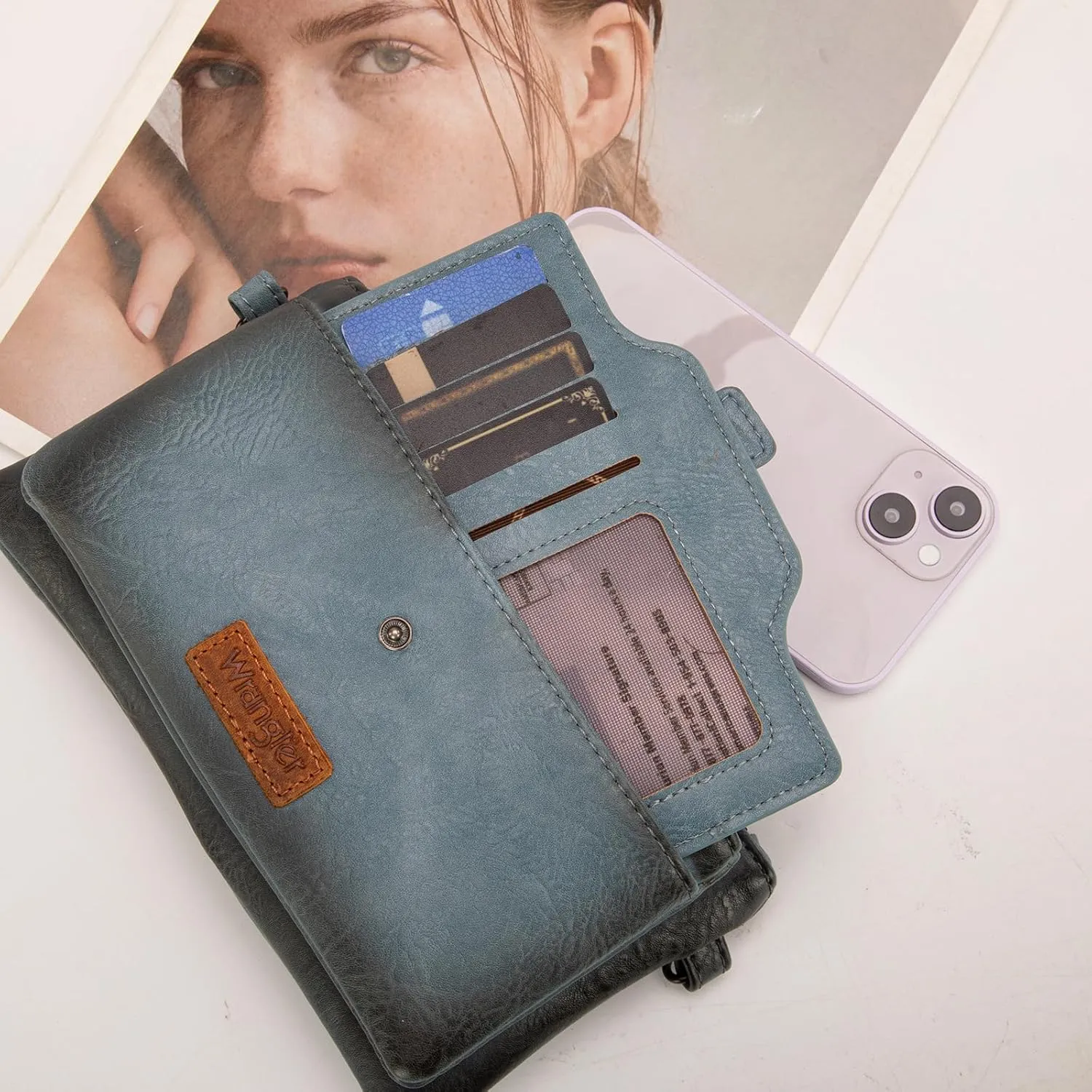 Wrangler Distressed Crossbody Purses for Women Multi-function Card Holder Wallet Small Purse with Double Zipper