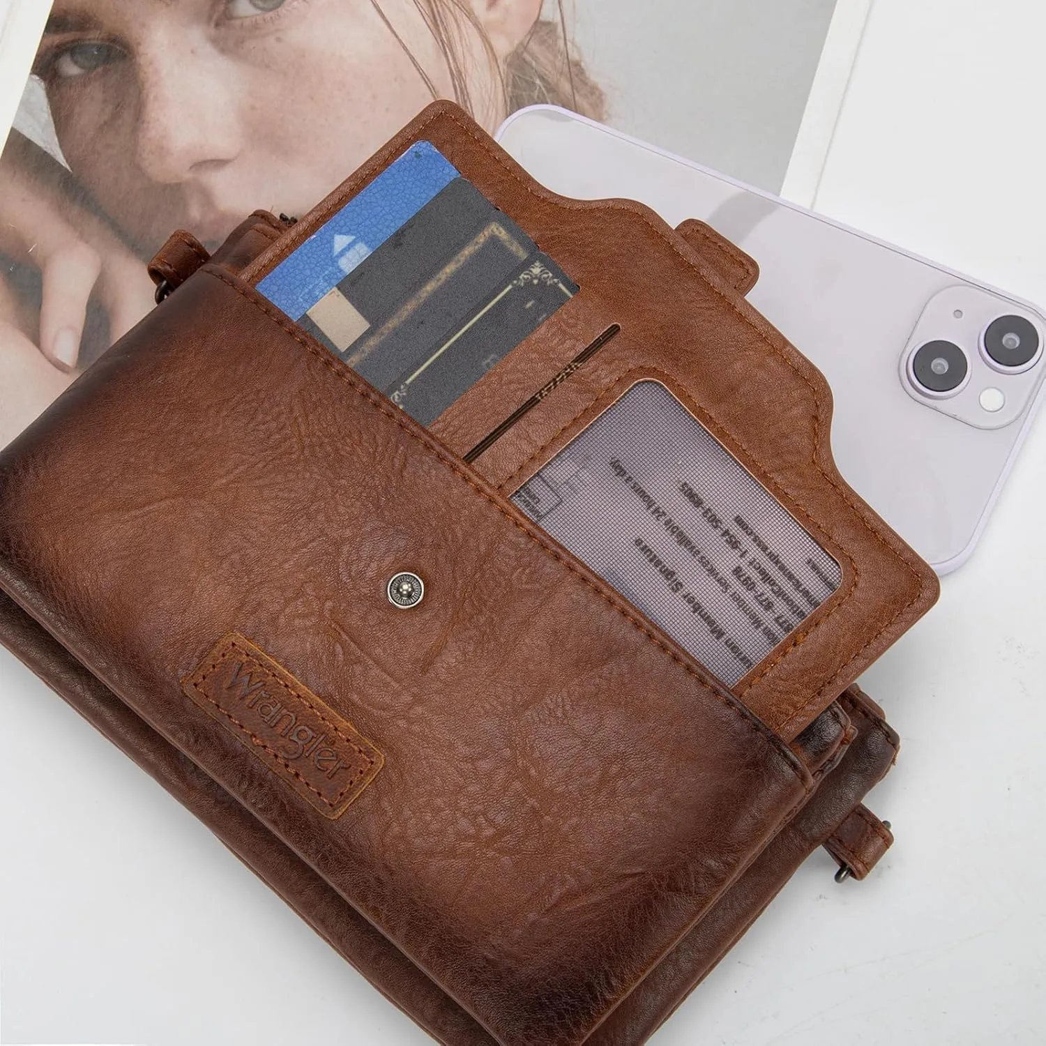 Wrangler Distressed Crossbody Purses for Women Multi-function Card Holder Wallet Small Purse with Double Zipper