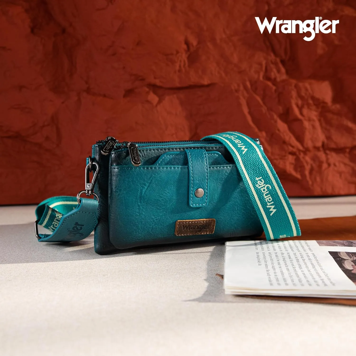 Wrangler Distressed Crossbody Purses for Women Multi-function Card Holder Wallet Small Purse with Double Zipper
